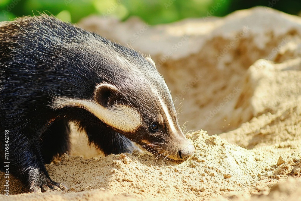 Fototapeta premium A close-up of a honey badger digging for food in the sandy soil.