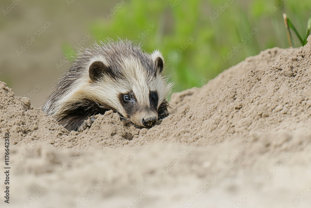 Naklejka premium A close-up of a honey badger digging for food in the sandy soil.