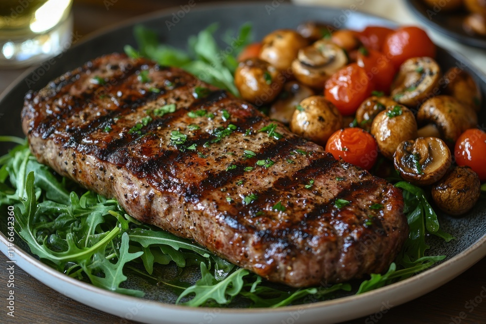 Grilled steak, mushrooms, tomatoes, arugula. Grilled steak, mushrooms, tomatoes, arugula.