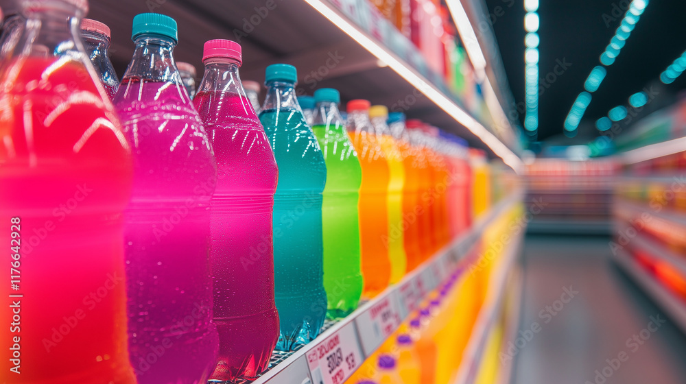 Fototapeta premium Colorful soda plastic bottles on supermarket shelf in vibrant rainbow pattern