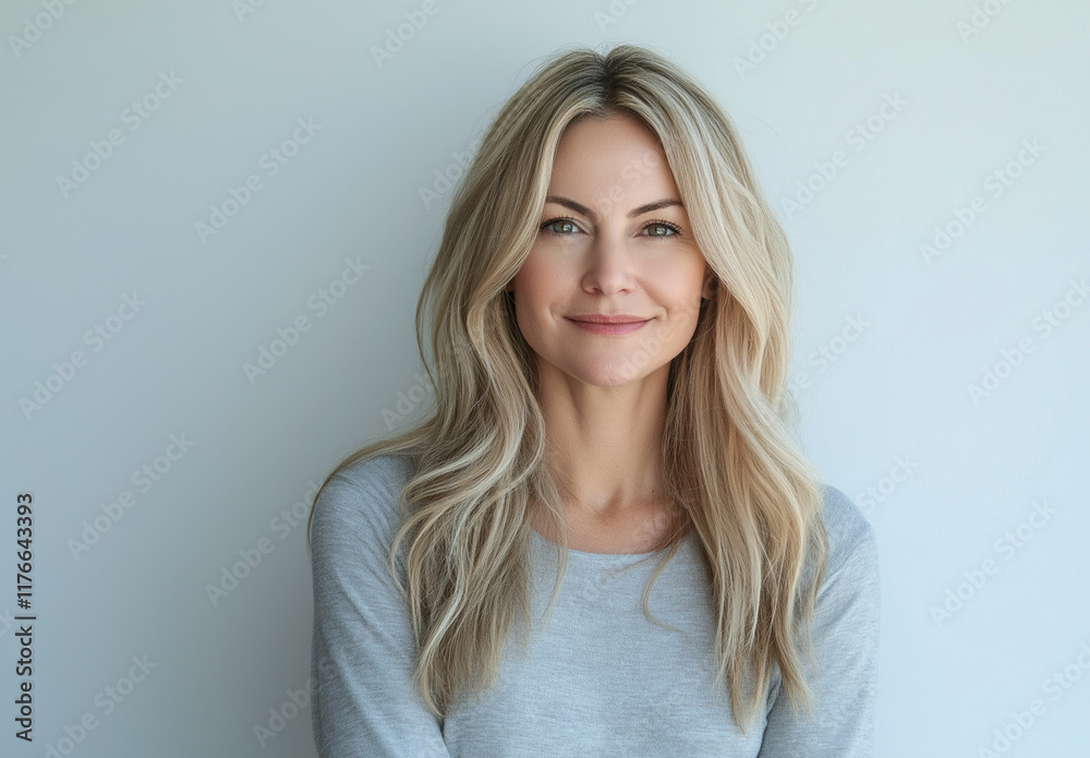 Studio portrait of a young blonde woman in a long-sleeved white top, smiling and looking at the camera, isolated on light grey background, ideal for beauty or fashion campaigns Studio portrait of a young blonde woman in a long-sleeved white top, smiling and looking at the camera, isolated on light grey background, ideal for beauty or fashion campaigns