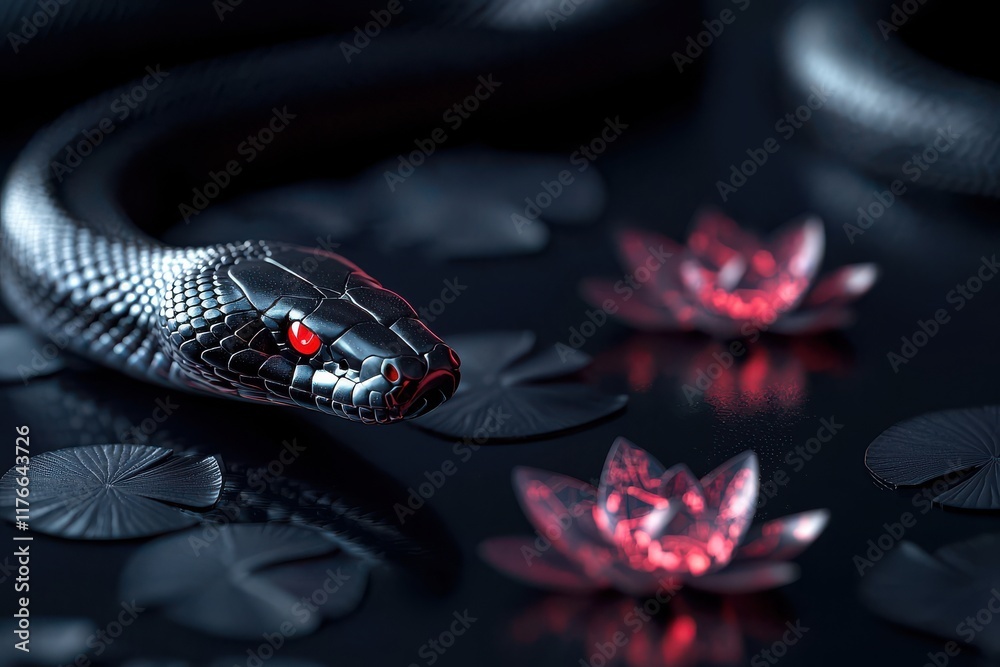 Fototapeta premium A sleek black snake with striking red eyes slithers beside vibrant pink water lilies, creating a captivating contrast against a dark background.