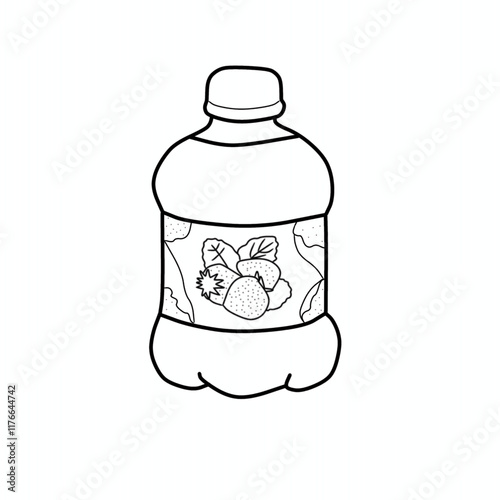 illustration drinking bottle with strawberry image signifies strawberry flavor coloring page . Coloring page for kids, coloring drink