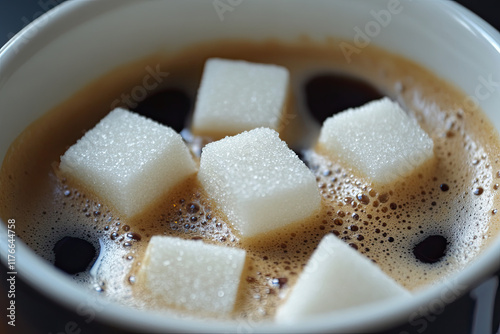 Image of sugar cubes floating in a cup of espresso, partially dissolved photo