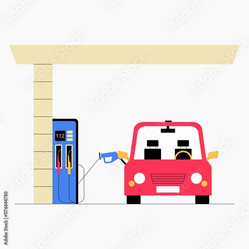 Car at gas station in flat vector illustration symbolizing refueling, energy, and transportation, isolated on white background.