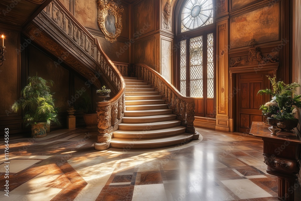 Obraz premium Venetian hallway with stairs and wooden interior