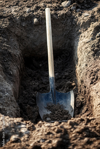 Freshly dug grave with a shovel beside it, awaiting burial
