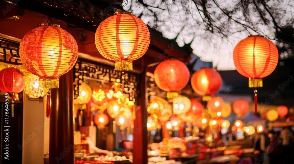 Vibrant Red Lanterns Illuminating Festive Market at Dusk, Creating Enchanting Atmosphere with Warm Glow and Colorful Decorations in Asian Celebration Vibrant Red Lanterns Illuminating Festive Market at Dusk, Creating Enchanting Atmosphere with Warm Glow and Colorful Decorations in Asian Celebration
