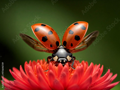 A vibrant red ladybug with black spots rests on a delicate red flower, a captivating macro shot showcasing the beauty of nature