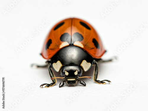 Macro shot of a red and black spotted ladybug insect perched on a white area, showcasing its intricate beauty in nature