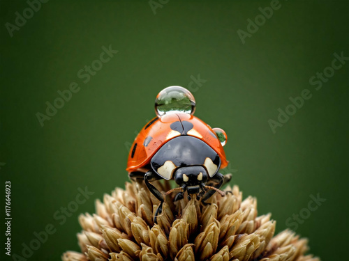 Close-up of a red and black ladybug carrying water spot crawling on a white flower in a summer garden