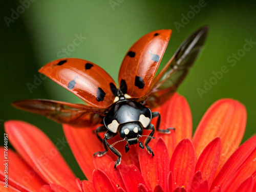 A close-up of a red and black ladybug with black spots crawling on a delicate red flower in a vibrant summer garden, showcasing the intricate details of this beneficial insect in its natural habitat