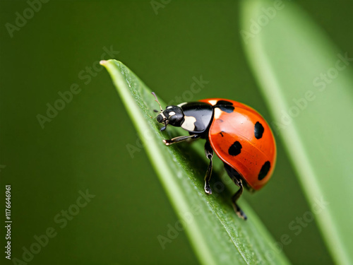 A vibrant red ladybug with black spots rests on a green leaf, a tiny insect enjoying the summer sun in a lush garden