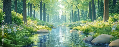 Spring time inspired relaxation. Serene forest scene with a gentle stream and lush greenery under soft sunlight. photo