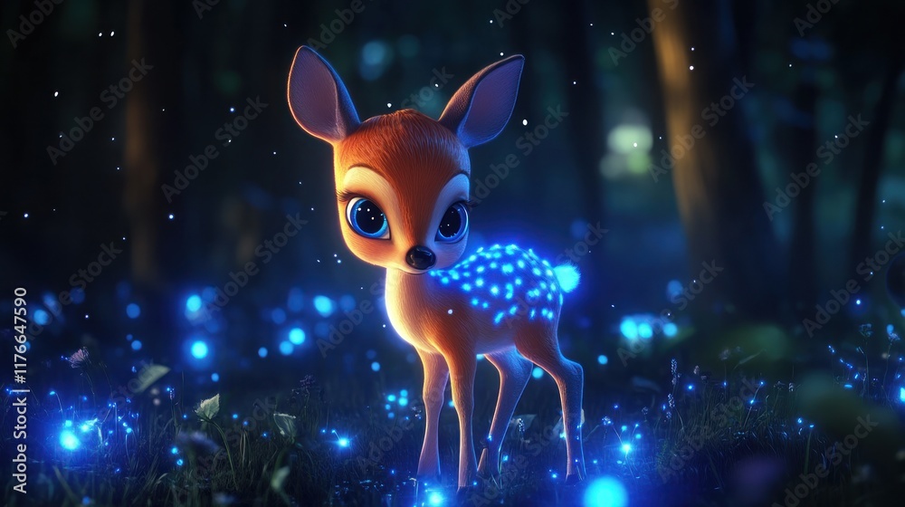 Magical fawn, glowing forest, night, fantasy, illustration Magical fawn, glowing forest, night, fantasy, illustration