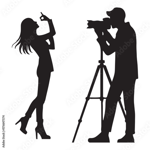 Silhouette Photographer and Model on Tripod Professional Photoshoot