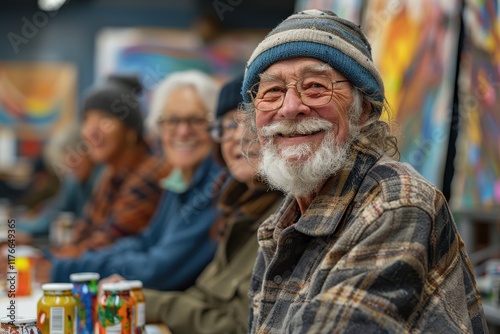 Wallpaper Mural A cheerful elderly man in a beanie smiles warmly, surrounded by others in a colorful, artistic environment, embodying a sense of community and joy. Torontodigital.ca