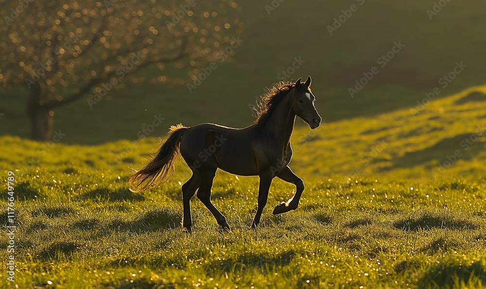 Young horse running pasture sunset Young horse running pasture sunset