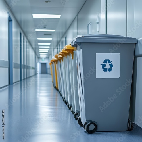 Modern Recycling Bins Aligned in a Bright Corridor of a Contemporary Building Promoting Environmental Sustainability and Waste Management Awareness