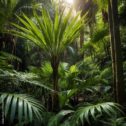 Euterpe Edulis Amidst Vibrant Foliage in a Sunlit Rainforest Scene photo