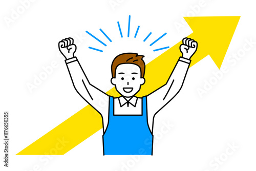 上昇する矢印とガッツポーズで大喜びするエプロン姿の男性