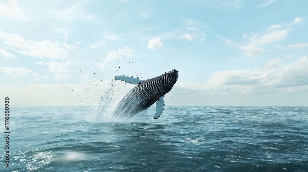 Fototapeta premium Humpback Whale Breaching Ocean Surface