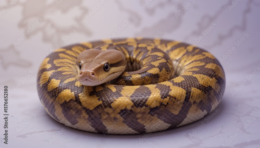 Obraz premium Ball Python - Python regius - A stunning ball python with beautiful brown, yellow, and black patterned scales is coiled up, looking directly at the camera. Its calm and serene expression is captivati