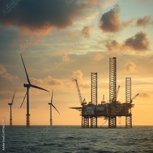 A Seascape of Renewable Energy: Offshore Wind Turbines and Oil Rig Against a Dramatic Sunset Horizon Capturing the Transition to Sustainable Power Sources