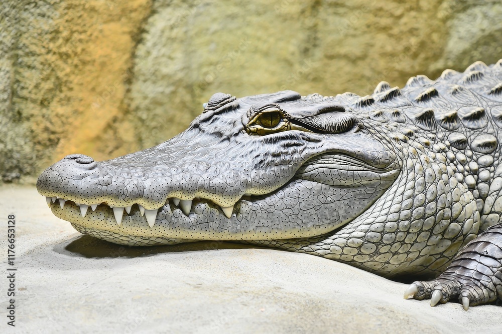 Fototapeta premium A close-up of a Nile crocodile basking on the riverbank with its mouth slightly open