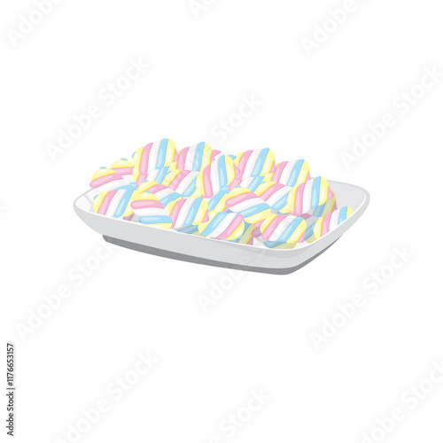 Vector illustration of colourful pastel Marshmallow twists on plate. Pastel pink, yellow and blue. Sweet chewy candies