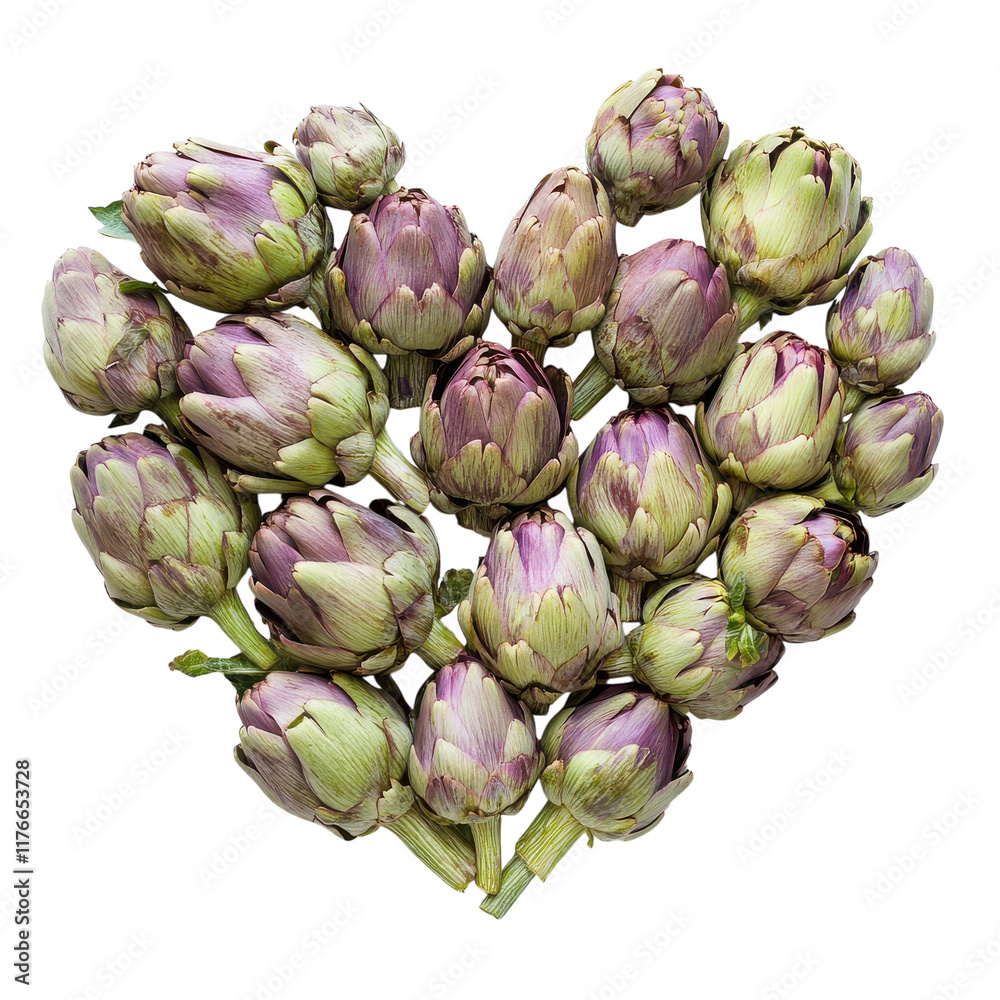 Fototapeta premium Heart Shape Made of Artichokes on White Background on transparent background