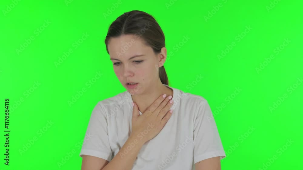 Sick Young Woman Coughing on Green Background Sick Young Woman Coughing on Green Background