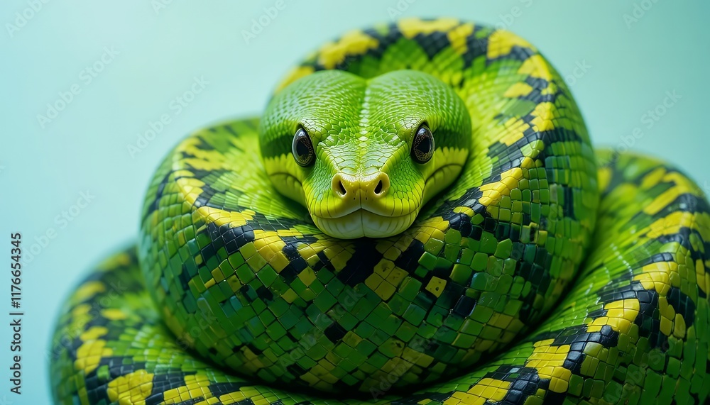 Fototapeta premium Emerald Tree Boa - Corallus caninus - A vibrant green snake with yellow and black markings, coiled and looking directly at the camera. Its scales are highly detailed, showing its exotic beauty. This