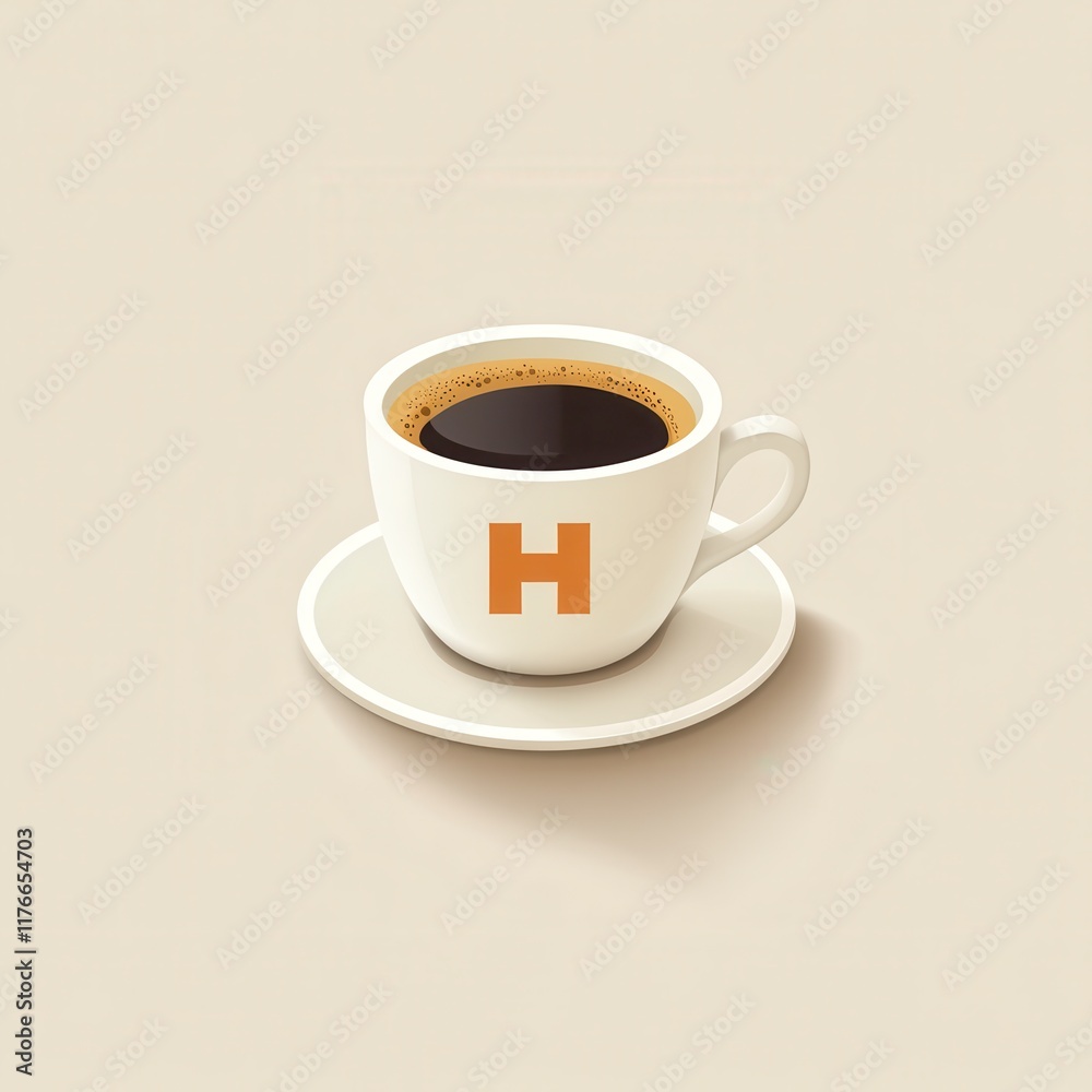 A cup of coffee on a saucer with a letter H.
