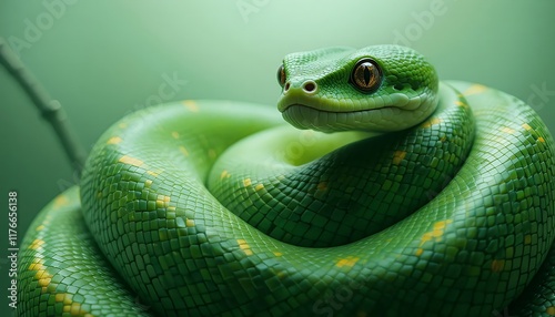 Green Tree Python - Morelia viridis - A vibrant green snake with bright yellow scales, coiled elegantly and looking intensely at the camera. This arboreal reptile is found in the rainforests of New Gu photo