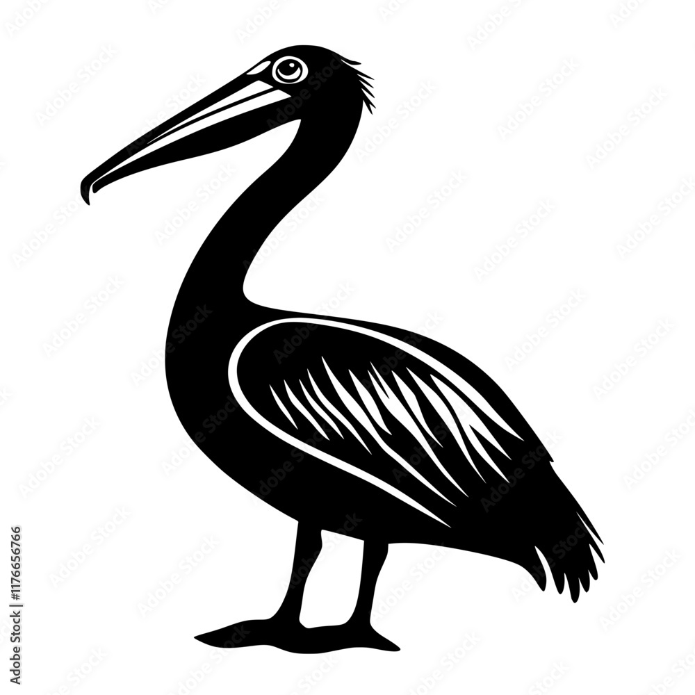 Fototapeta premium Black and White Pelican Silhouette Illustration, A bold black and white silhouette of a pelican with detailed feathers and distinct beak, showcasing a minimalist wildlife design.