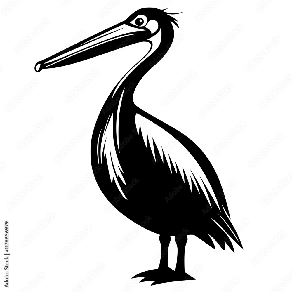 Fototapeta premium Black and White Pelican Silhouette Illustration, A bold black and white silhouette of a pelican with detailed feathers and distinct beak, showcasing a minimalist wildlife design.