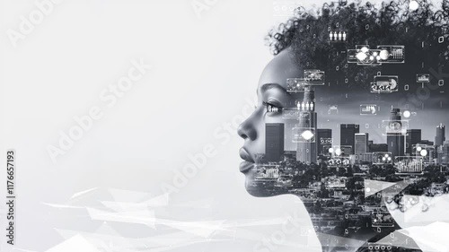 Side profile of a young woman blending with digital innovation