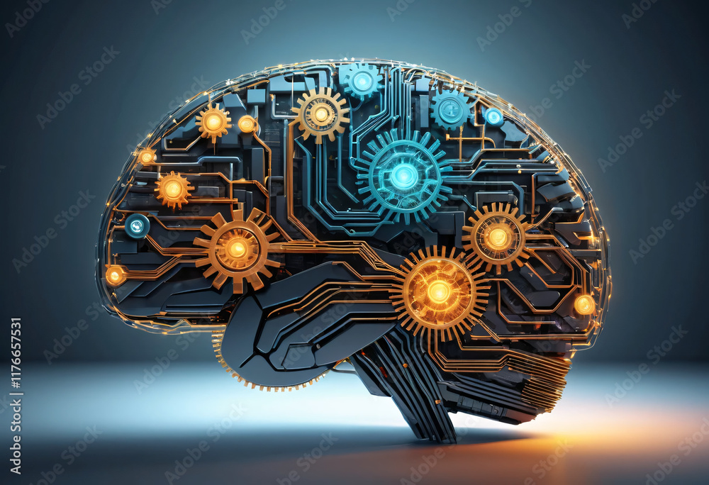Glowing Brain of Circuits and Gears Glowing Brain of Circuits and Gears