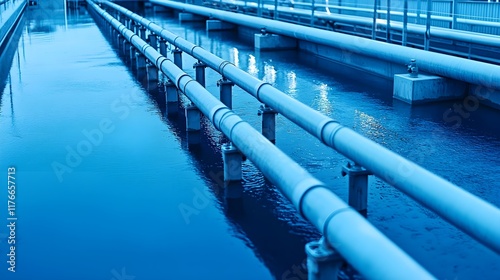 Industrial Water Treatment Facility with Pipes and Calm Water Flow photo