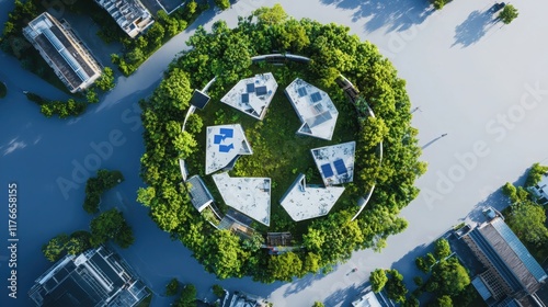 Innovative circular economy practices in urban design sustainable architecture aerial view green spaces user-centric approach photo