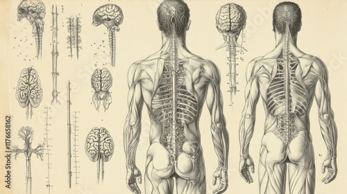Diagram of the cardiovascular, nervous, skeletal, and lumbar systems of a man.