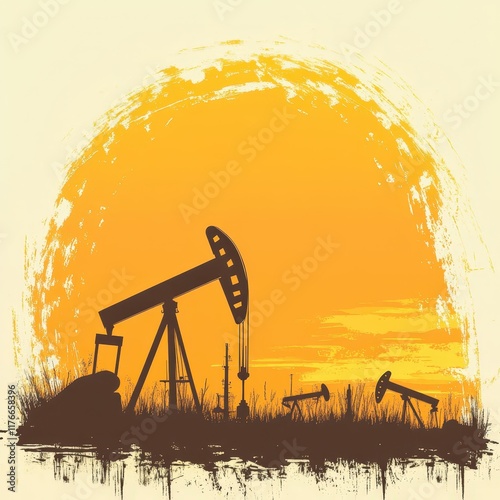 Silhouette of Oil Pumps Against a Vibrant Sunset Sky with Grassy Foreground, Representing Energy Production and Natural Resources in a Dynamic Landscape photo