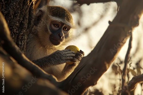 A close-up of a vervet monkey sitting in a tree, holding a piece of fruit.