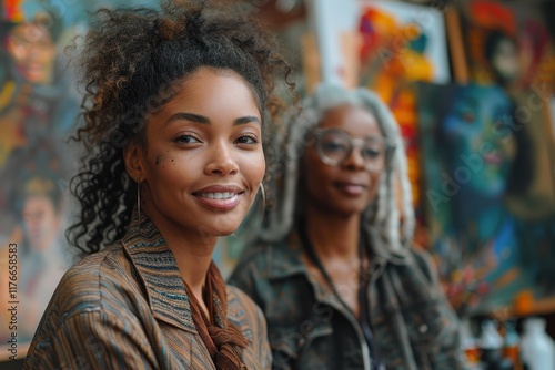 A smiling woman with curly hair poses in front of colorful artwork, accompanied by an older woman with gray hair, both exuding creativity and confidence. photo