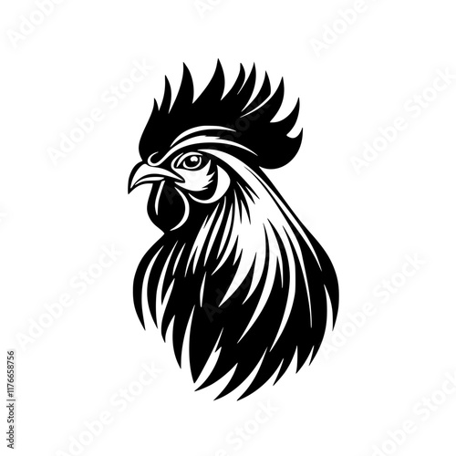 Rooster Silhouette in Black and White Illustration, A bold black and white illustration of a rooster with detailed feathers and a striking comb, symbolizing strength and tradition.

