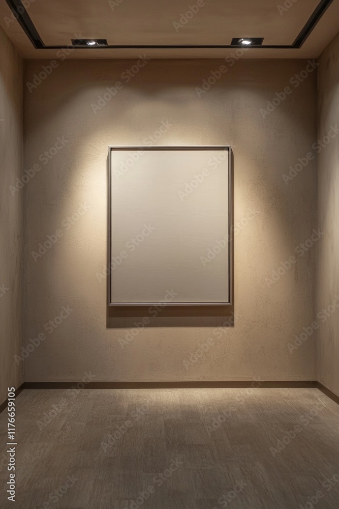 A neutral beige wall with a thin, empty silver frame illuminated by a subtle, warm-toned spotlight above A neutral beige wall with a thin, empty silver frame illuminated by a subtle, warm-toned spotlight above