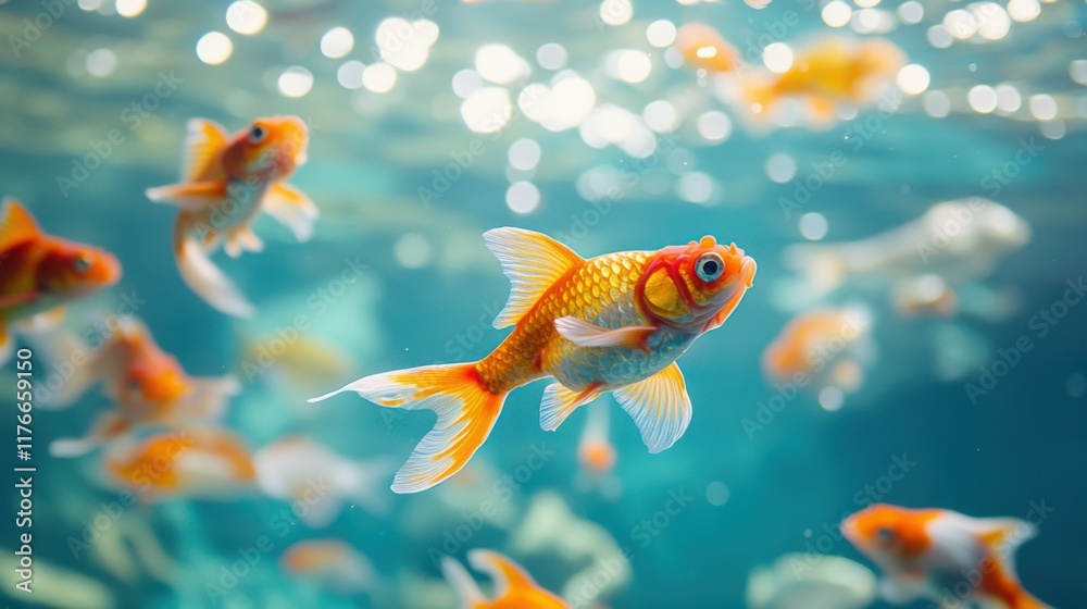 Naklejka premium In a clear blue ocean, orange and white goldfish swim.