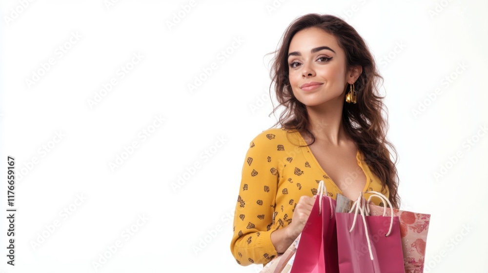 In love with shopping. Beautiful young woman holding shopping bags and looking away with smile while standing against white background In love with shopping. Beautiful young woman holding shopping bags and looking away with smile while standing against white background