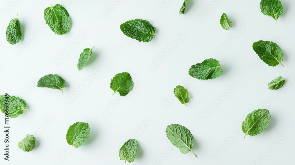 Isolated green mint leaves on white background, fresh mint leaves floating Isolated green mint leaves on white background, fresh mint leaves floating